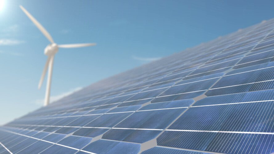 Seamless Looping Animation Of Wind Turbines Spinning And Solar Panel Cell Panel Array SBI  Scaled